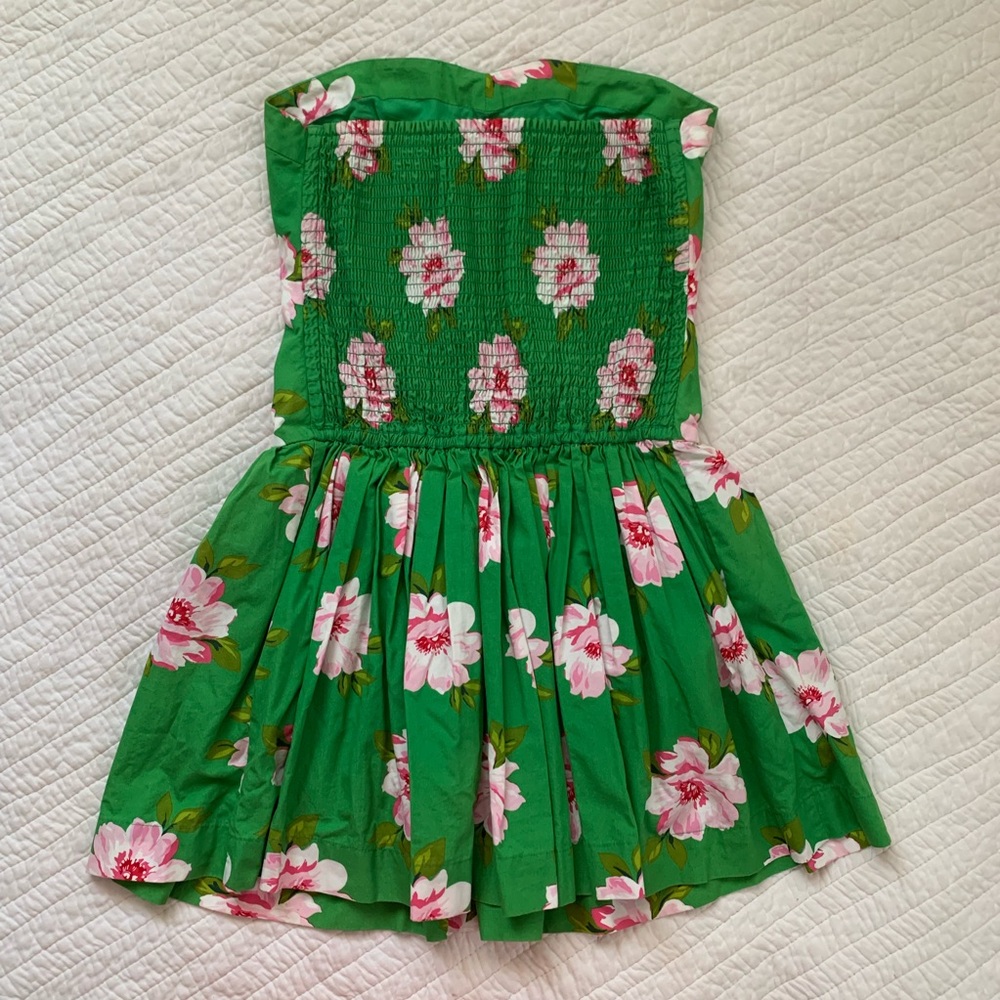 Strapless Green Pink Floral Dress Pockets - Picture 2 of 8